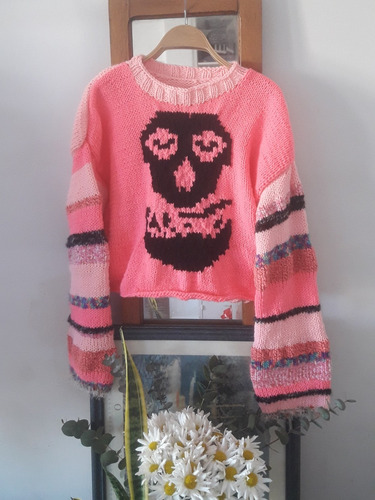 Sweater Tijido A Mano Rosa Fucsia Misfits Punk Pop Rayado