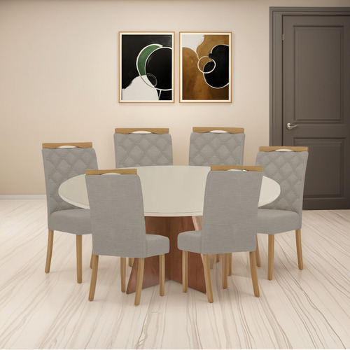 Juego De Comedor Mesa Tapa Circular Madera 6 Sillas Tapizada