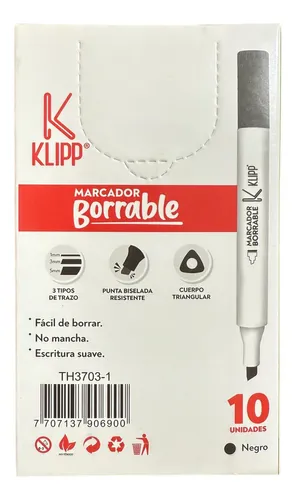 Marcador Borrable Klipp Tinta Negra Caja X10 Unidades