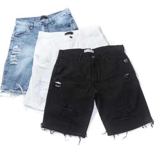 Kit C 3 Bermuda Jeans Masculina Destroyed Lan amento Slim Frete