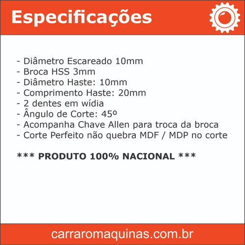 Imagem 2 de 7 de Escareador Ø 10mm Broca 3mm Haste 10mm França Marcenaria