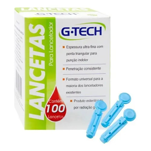 Lanceta G-tech 30G Agulha Para Medir Glicose 100 Un Cor Azul-aço