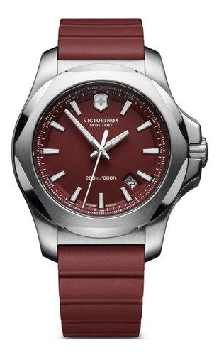 Reloj pulsera Victorinox I.N.O.X. 241719.1 de cuerpo color plateado, analógico, fondo rojo, con correa de goma color rojo, bisel color plateado y hebilla simple