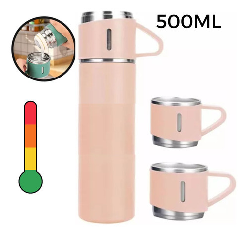 Kit Garrafa Térmica Vacuum Flask Set 500ml Com 3 Xícaras Fav Cor Rosa