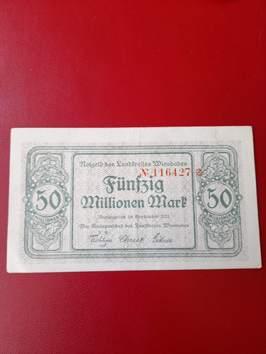 Billete 50 Millones De Marcos 1923. Weisbaden Alemania (Usado)