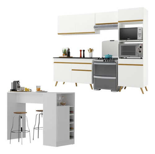 Armário Cozinha Compacta Com Mesa Veneza Multimóveis Mp2210 Cor Branco/dourado