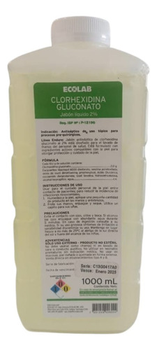 Jabon Clorhexidina Gluconato Al 2% 1 Litro Ecolab 