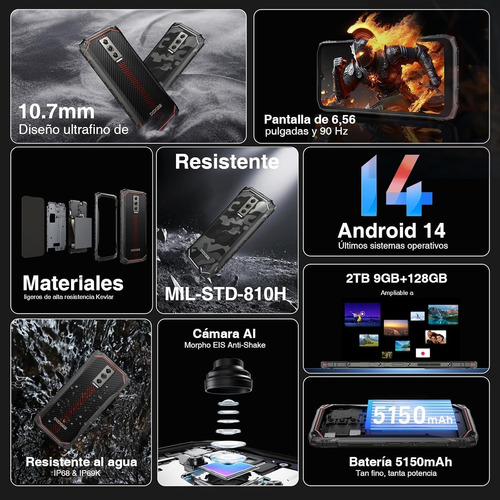 Doogee Blade10 Celular 9gb Ram+128gb Rom Octa Core Pantalla Ips 6,56 90hz, 5150mah Android 14 Desbloqueo Facial Ultrafino