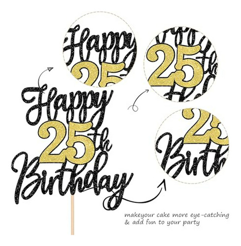 Decoración De Pastel Para 25 Años De Cumpleaños En Negro Y D