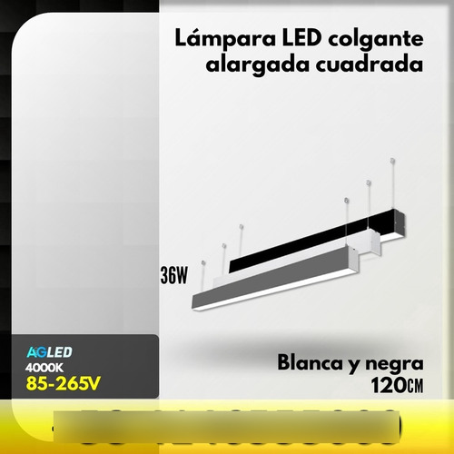 Lampara Led Colgante Alargada Cuad 36w Negra 4000k 85-265v