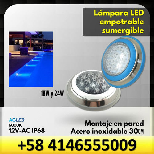 Lampara Led Sumergible 24w 12v Azul 3000k Ip68 30cm