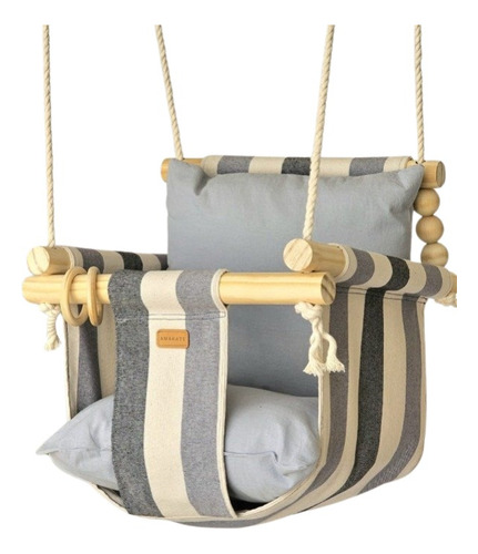 Hamaca Para Bebé Aike - 6 Meses A 3 Años - Tela Y Madera Rayas Beige Celeste Y Azul