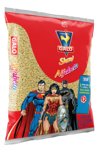 Macarrão de Sêmola Alfabeto Galo Show Pacote 500g Vem com Jogo de Realidade Aumentada Justice League