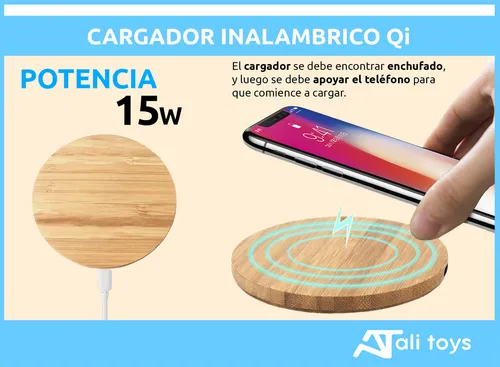 Cargador Inalámbrico Qi Carga Rápida 15w Bambú Portatil Usb Color Madera