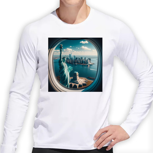 Remera Hombre Ml Ventana Avion Mirando Estatua Libertad M1