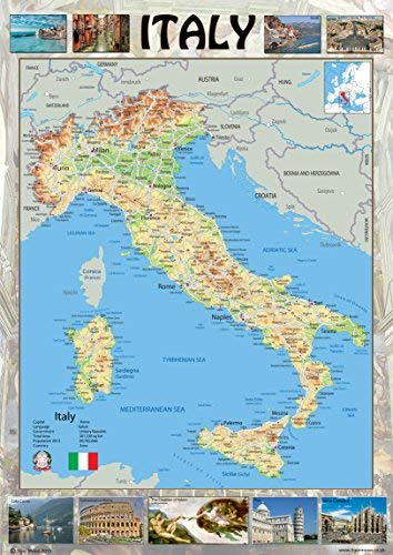 Mapa Pictórico En Póster De Italia, 23,4 X 16,5 Pulgadas, Pa