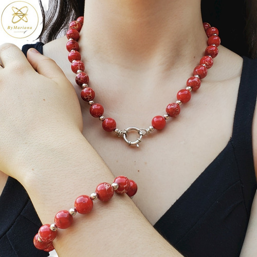 Imagen 3 de 4 de Pulsera Plata Con Piedras Naturales Rojas Cierre Marinero
