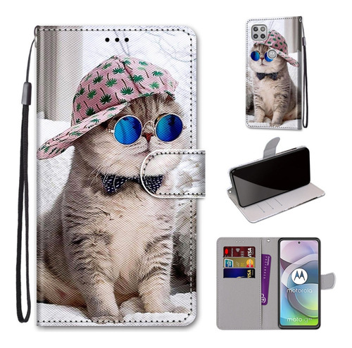 Funda De Piel Slant Hat Blue Mirror Cat Para Motorola Moto G