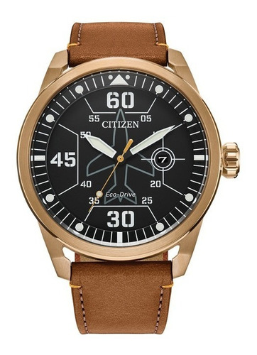 Citizen Avion Black Dial Leather Strap Aw1733-09e Color de la correa Café Color del bisel Oro Color del fondo Negro