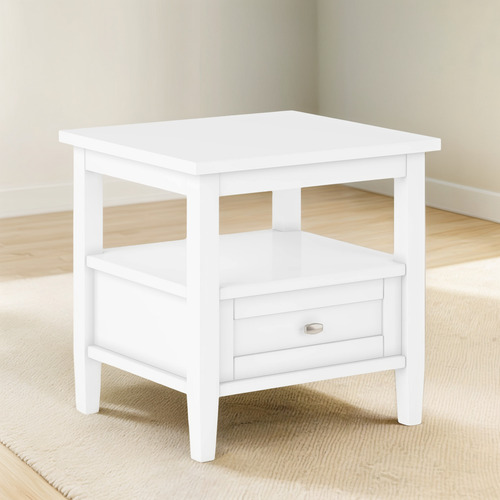 Mesa Auxiliar Rústica Blanca De Madera Maciza Con Almacenami