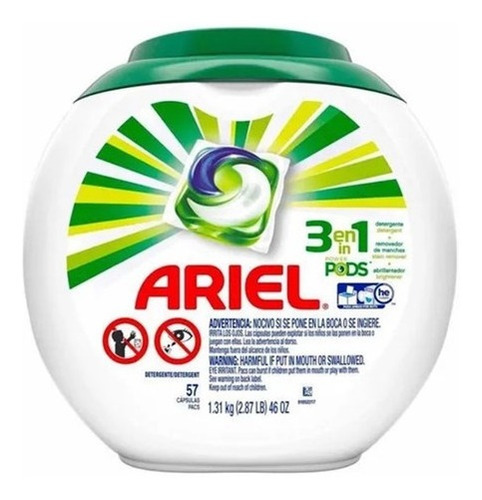 Detergente En Capsulas 3 En 1 Con Envase 57 Pods Ariel
