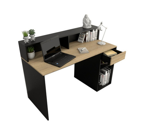 Imagen 3 de 4 de Mobilarg Escritorio Mesa Multifuncion Con Repisa 1 Cajon + Estante Pc Hogar Oficina Home Office Melamina Olmo Con Negro 135x60 Producto Nacional Articulo 3049
