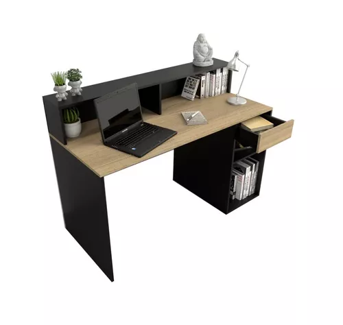 Mobilarg Escritorio Mesa Multifuncion Con Repisa 1 Cajon + Estante Pc Hogar  Oficina Home Office Melamina Olmo Con Negro 135x60 Producto Nacional  Articulo 3049