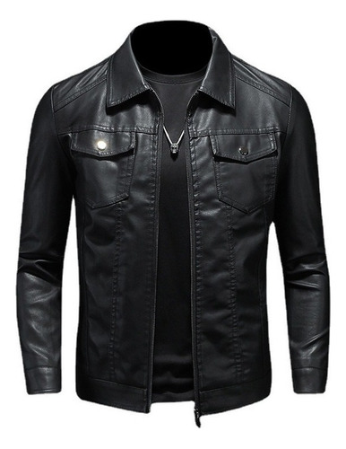 Chaqueta Piel Slim Fit Moda Hombre Tipo Biker Negro Ii9