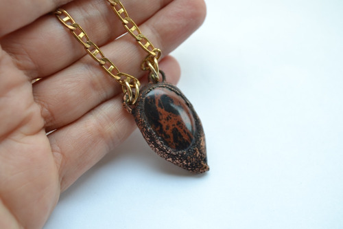 Imagen 3 de 5 de Collar Obsidiana Caoba, Piedra Preciosa, Cadena Bronce, Cod1