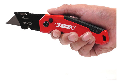 Navaja Plegable Profesional Retráctil De liberación Rápida Con mango Ergonómico Fabricado en Aluminio Color Rojo de 15 Cm con porta Navajas Modelo KN 7974 Knova