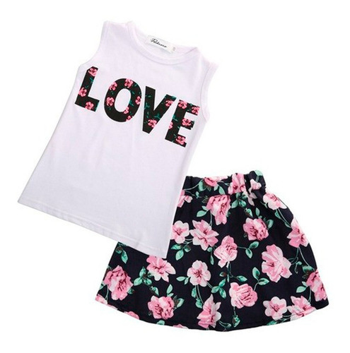 Conjunto Infantil Criança Menina Saia Florida + Blusa Love