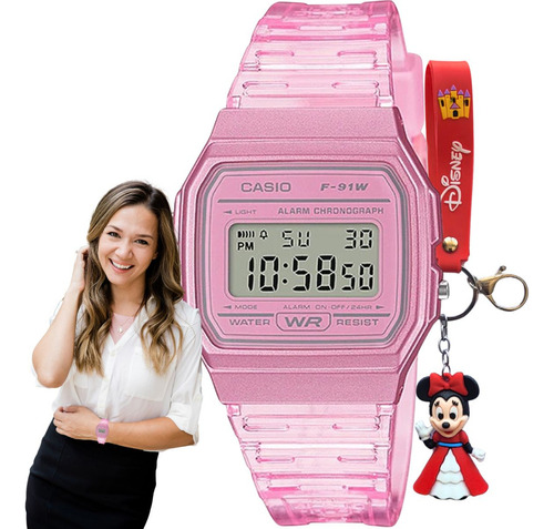 Relógio Feminino Casio Digital Rosa F-91ws-4df + Chaveiro Cor Do Fundo Lcd Positivo