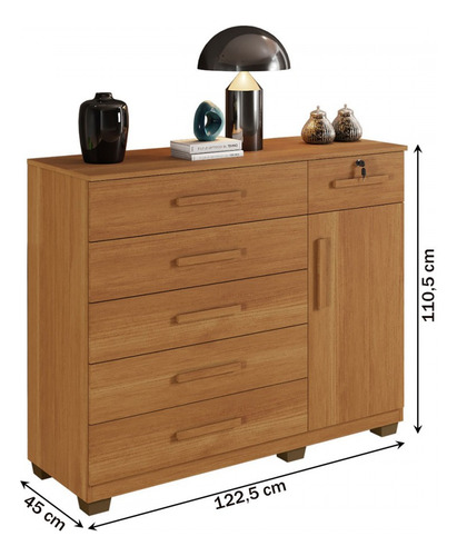 Cômoda Mila 1 Porta 6 Gavetas Cinamomo - Cor Marrom