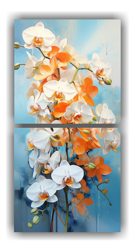 60x30cm Cuadro Abstracto De Orquídeas Turquesa Y Naranja