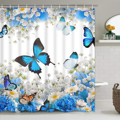 Set De Cortina De Ducha Impermeable De Mariposas Y Flores