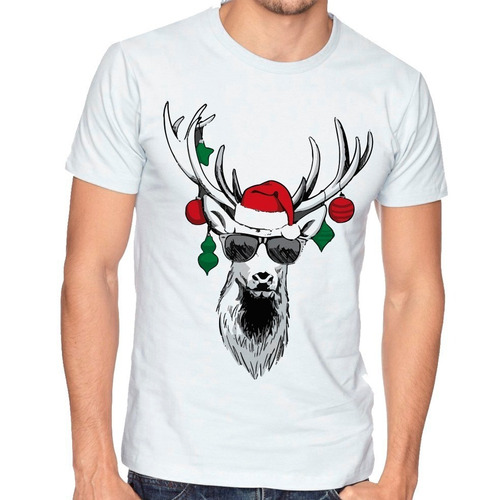 Playera Hombre Niño Navidad Reno Lentes Gorro Santa #390