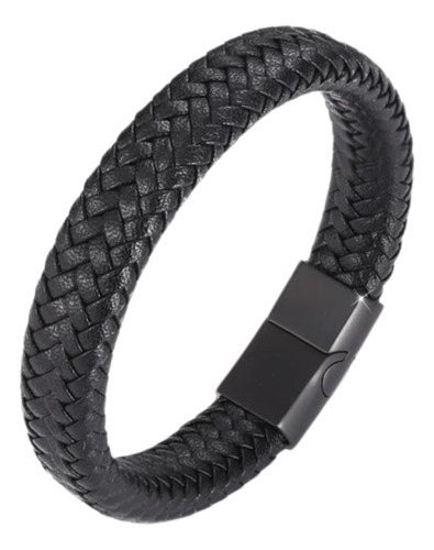 Pulseira Masculina De Couro Trançado Com Fecho Imã Aço Inox Comprimento 21 Cm Cor Preto