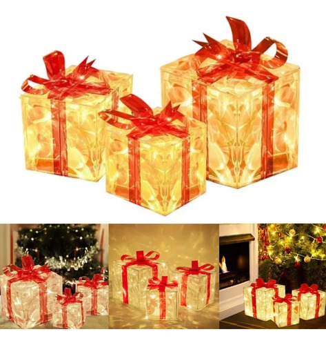 Pack De 3 Cajas De Regalo De Navidad Con Luz Led Y Supri