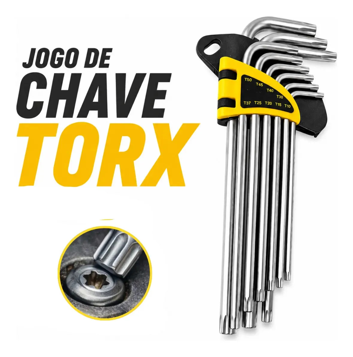 Jogo Chave Torx Estrela Longa Profissional 9 Peças T10 A T50 Com Furo Guia Tipo L Grande