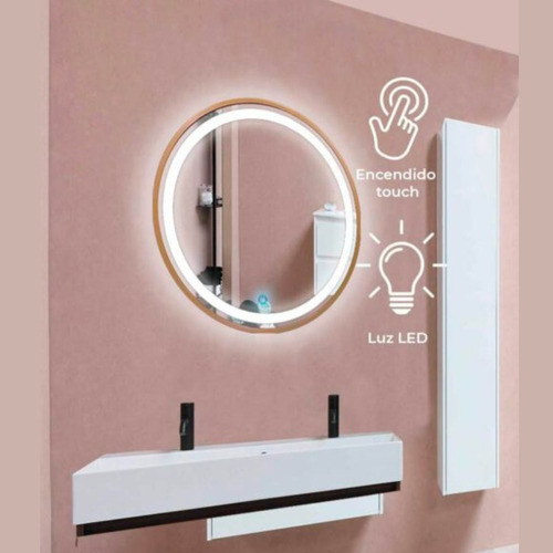 Espejo De Baño Con Luz Led Redondo 70*70cm Marco Dorado
