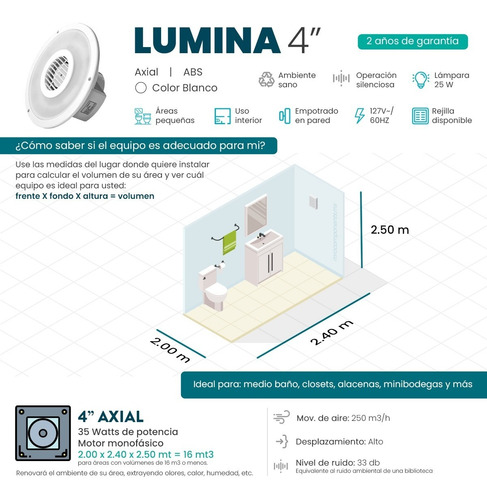 Imagen 3 de 5 de Extractor De Aire 4 Pulgadas Con Luz Lumina Masterfan Pared