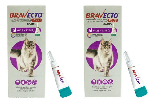 Kit Com 2 Bravecto Plus Gatos 6,25 A 12,5 Kg Vermifugo
