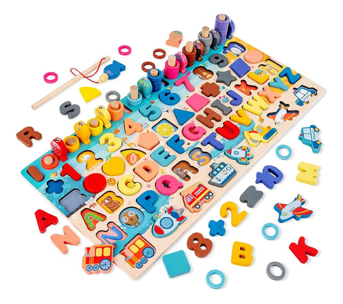 Juego Madera Tablero Puzzle Abaco Pesca 6 En 1 Montessori Hd