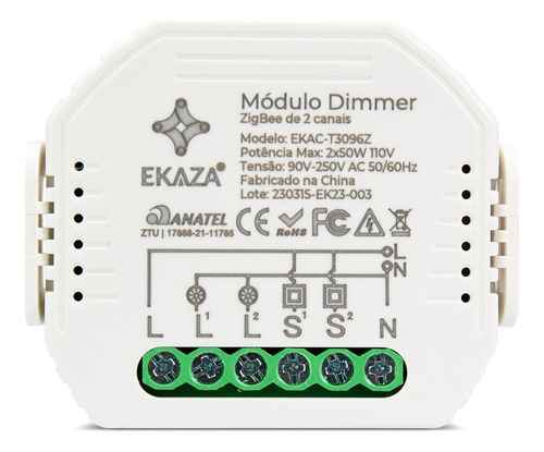 Relé Mini 2 Canais Zigbee Dimmer Ekaza Tuya T3096z