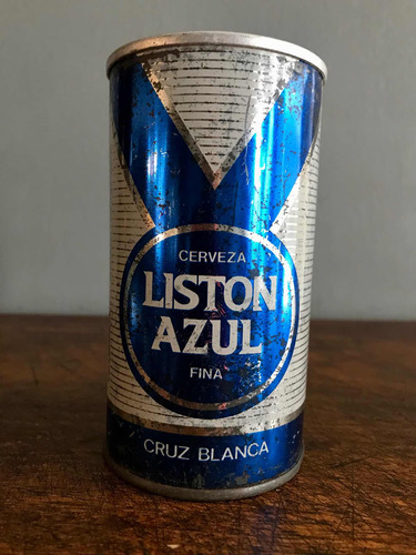 Lata De Cerveza Cruz Blanca Listón Azul Antigua En Hojalata!