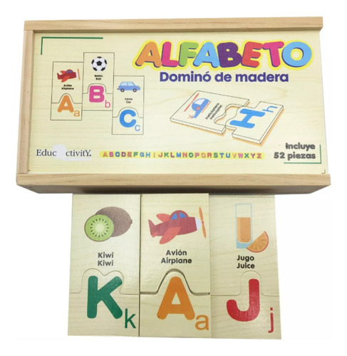 Juego Didáctico Domino Alfabeto Palabras En Madera 52 Pcs 