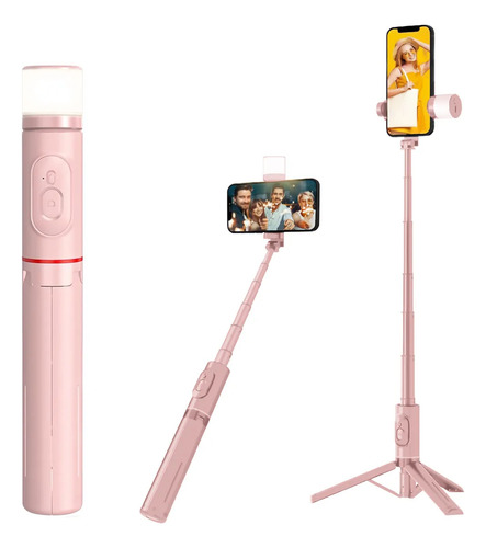 Bastão Pau De Selfie Celular Com Controles Remotos E Luz Led Cor Rosa