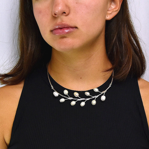 Collar Hojas De Perla Cultivada En Plata 925 Color Plateado
