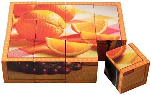 Puzzle Frutas En Cubo De Madera: 12 Piezas, Naranja.