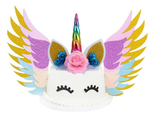 Set Decoración De Torta Topper Unicornio Con Alas Cumpleaños